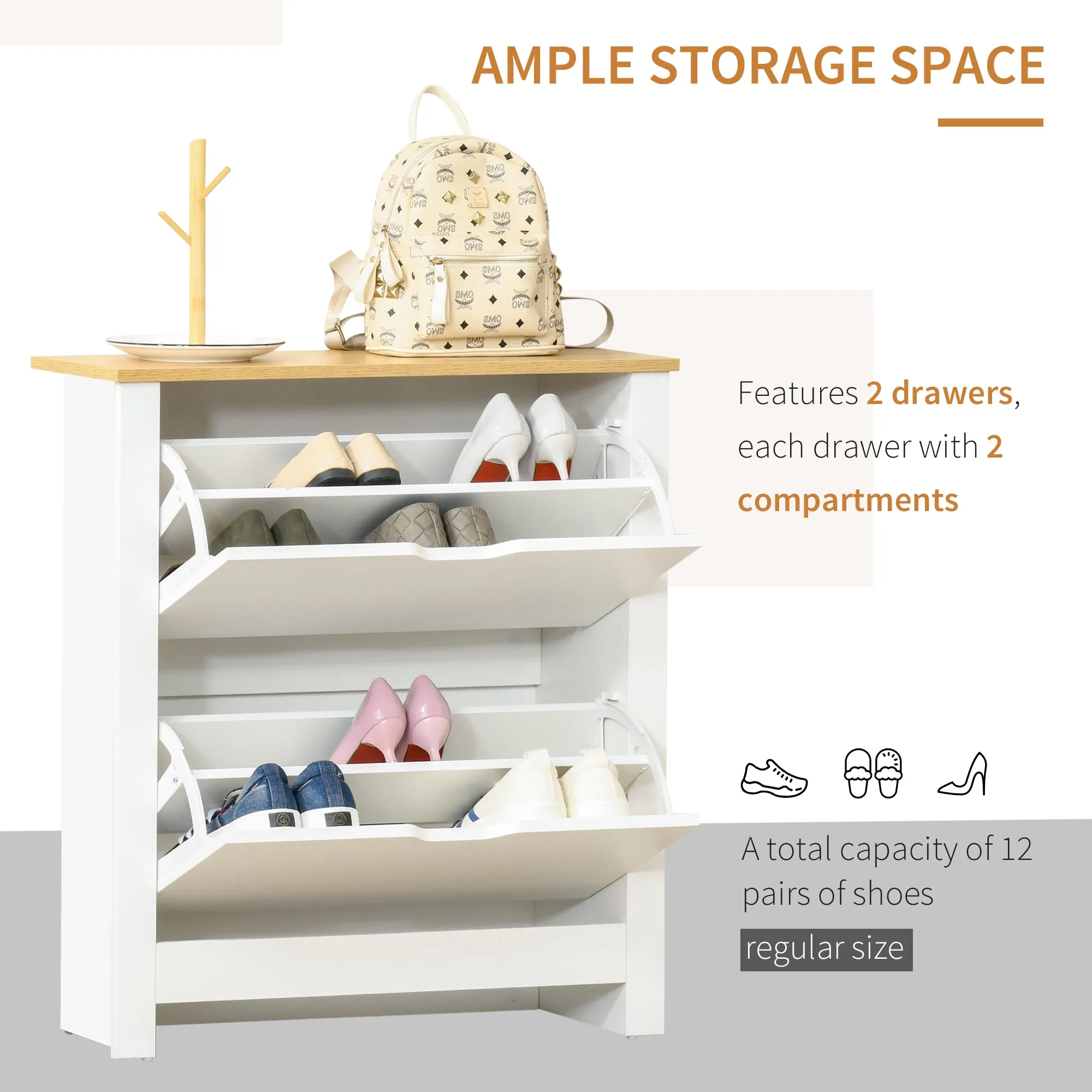 12-Shoe Storage Cabinet 4 Shelves 2 Drawers 4 Protective Legs Modern Stylish Unit Hallway Bedroom Home Furniture White