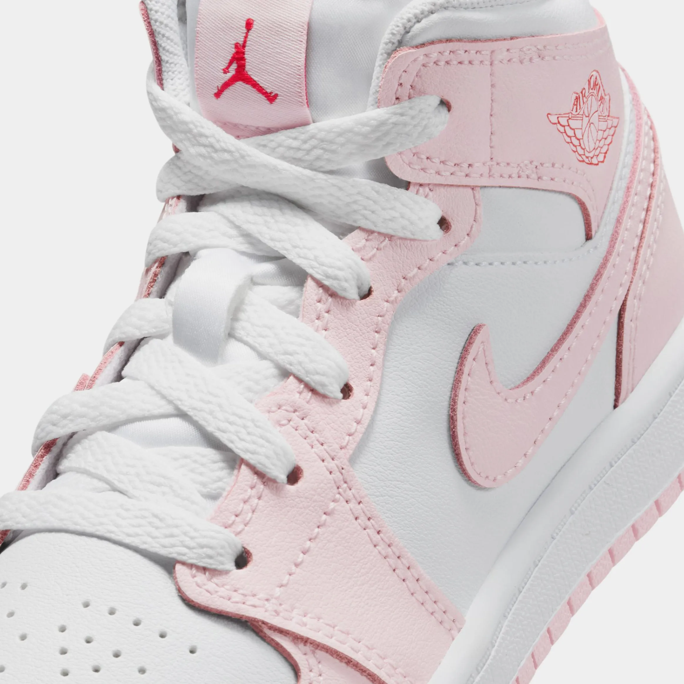 Air Jordan 1 Mid Preschool Lifestyle Shoes (Pink Foam/Fire Red/White)