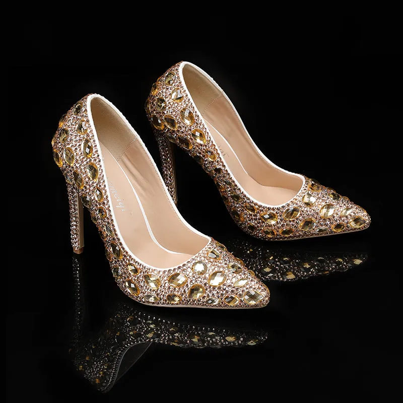 Autumn Crystal-Embellished Pointed Toe Shallow Mouth Fine Heel Fashion Shoes