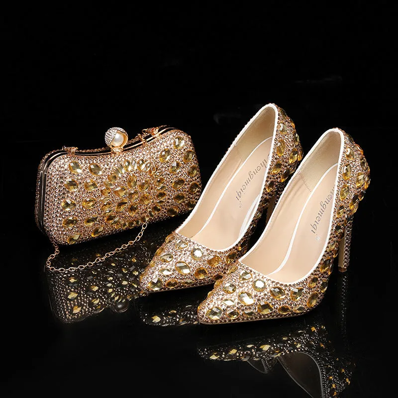 Autumn Crystal-Embellished Pointed Toe Shallow Mouth Fine Heel Fashion Shoes