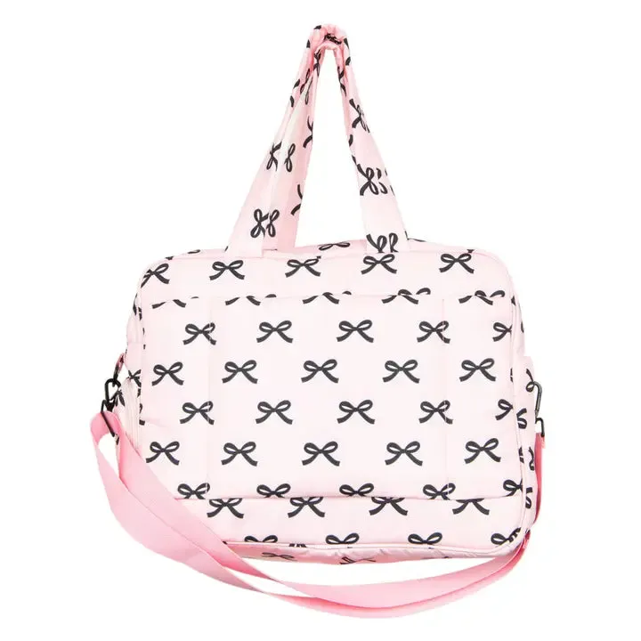 black and pink mini bows duffle bag