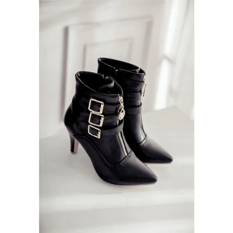 Buckle Pointed Toe High Heels Ankle Boots