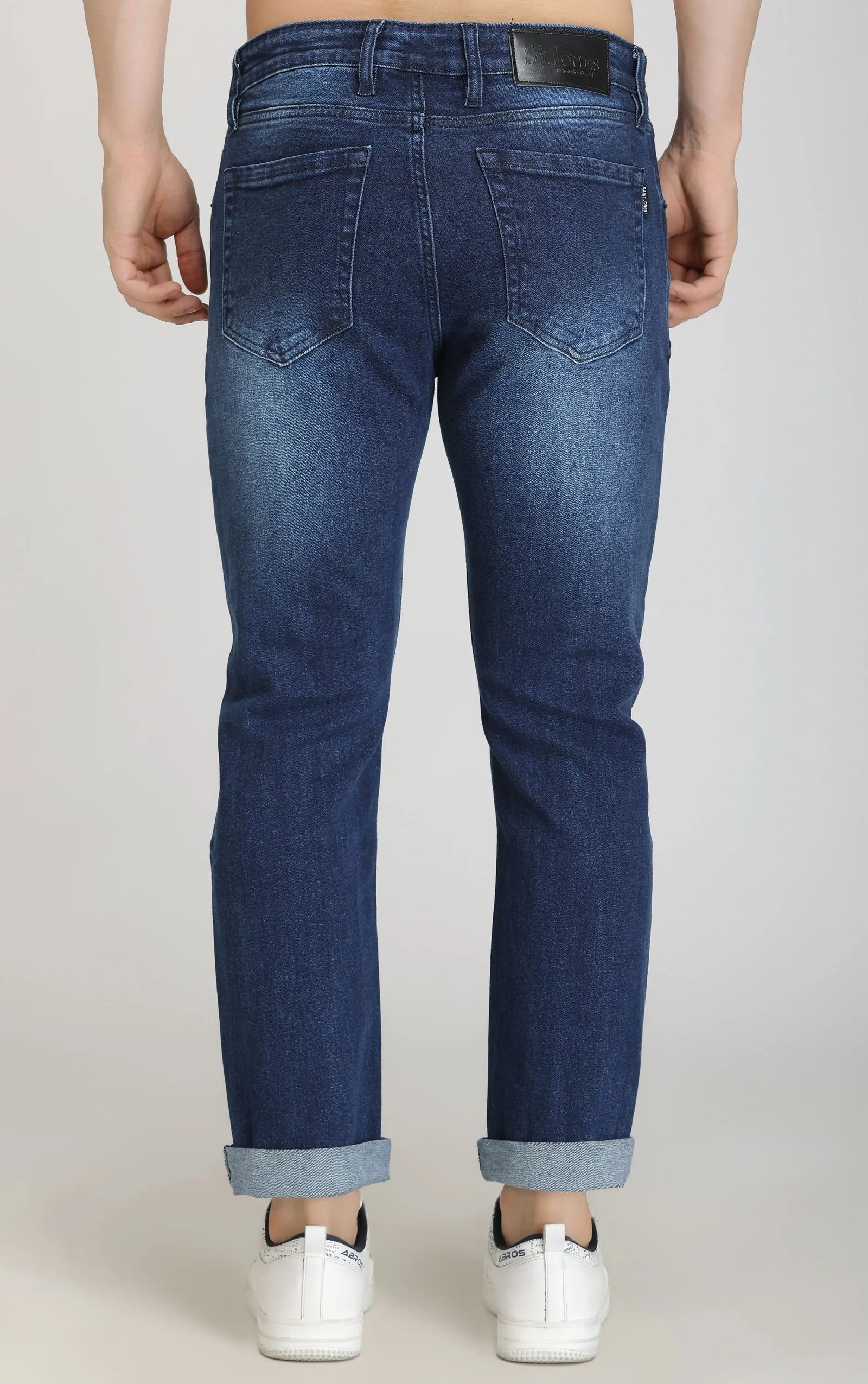 DARK BLUE MID RISE RIPPED SLIM FIT JEANS