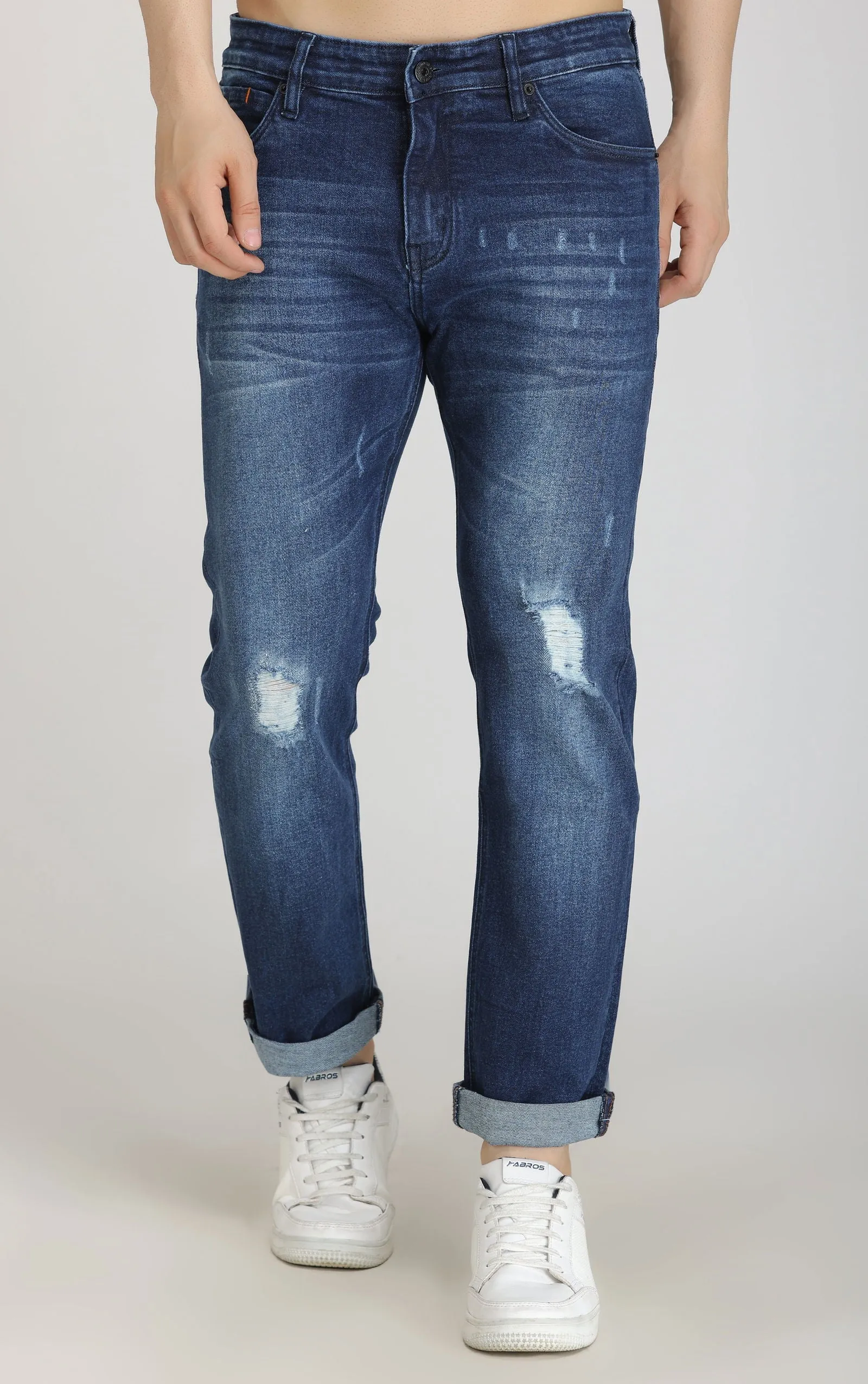 DARK BLUE MID RISE RIPPED SLIM FIT JEANS