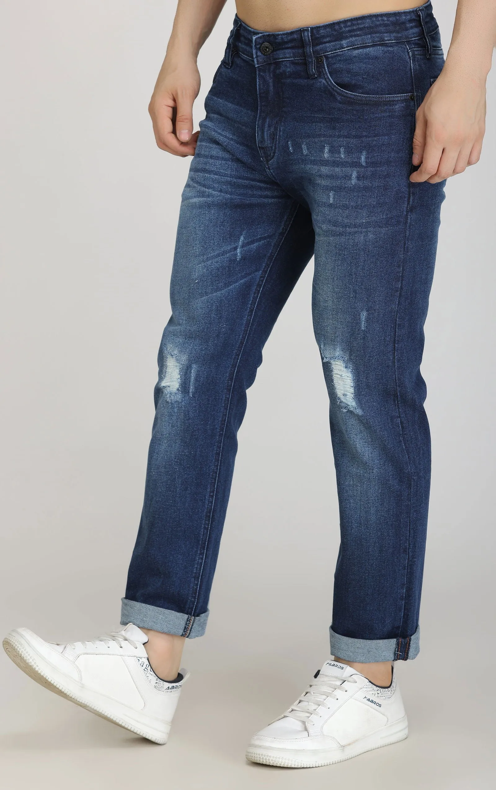 DARK BLUE MID RISE RIPPED SLIM FIT JEANS