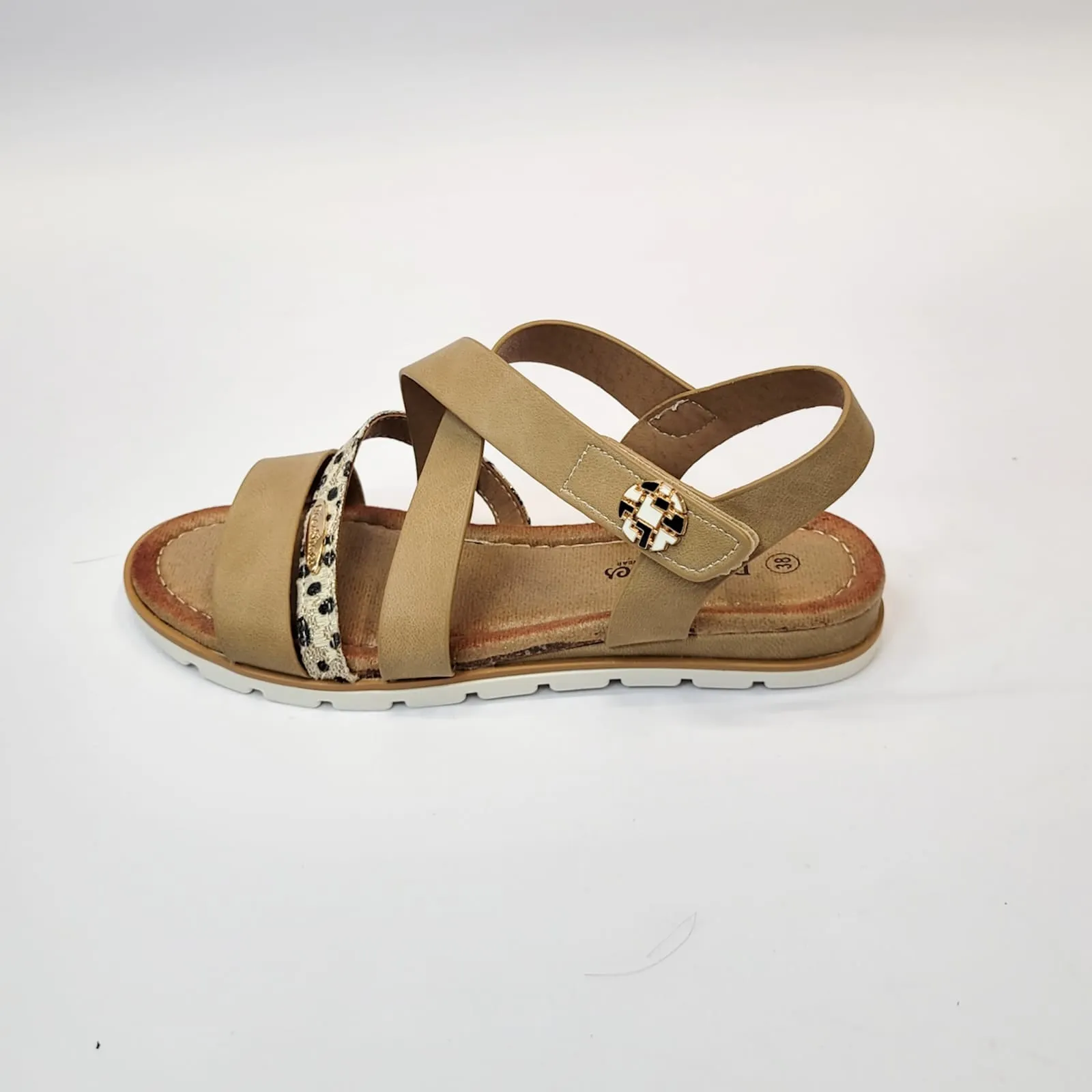 Dees shoes tan/animal print strap sandal