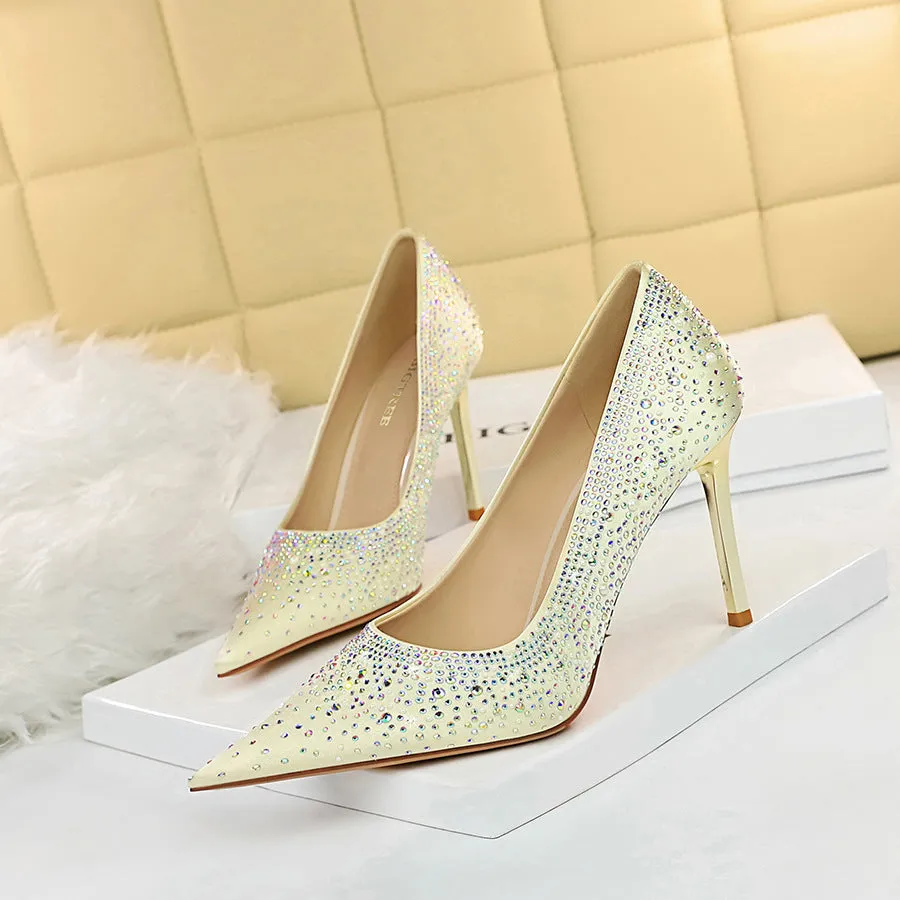 Elegant Western-style Pointed Silk Satin Sparkling Rhinestone Women's Single Shoes