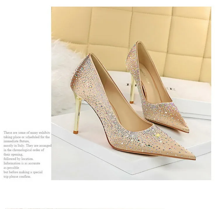 Elegant Western-style Pointed Silk Satin Sparkling Rhinestone Women's Single Shoes