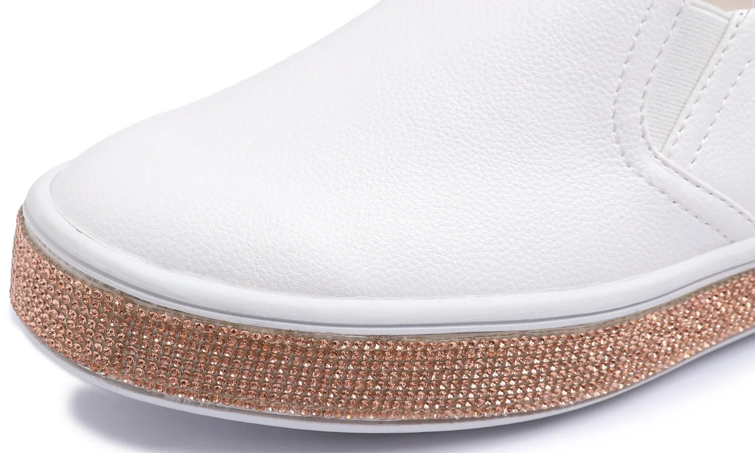 Feversole Women's Fashion Slip-On Sneaker Casual Platform Loafers White Rose Gold Rhinestone Shoes