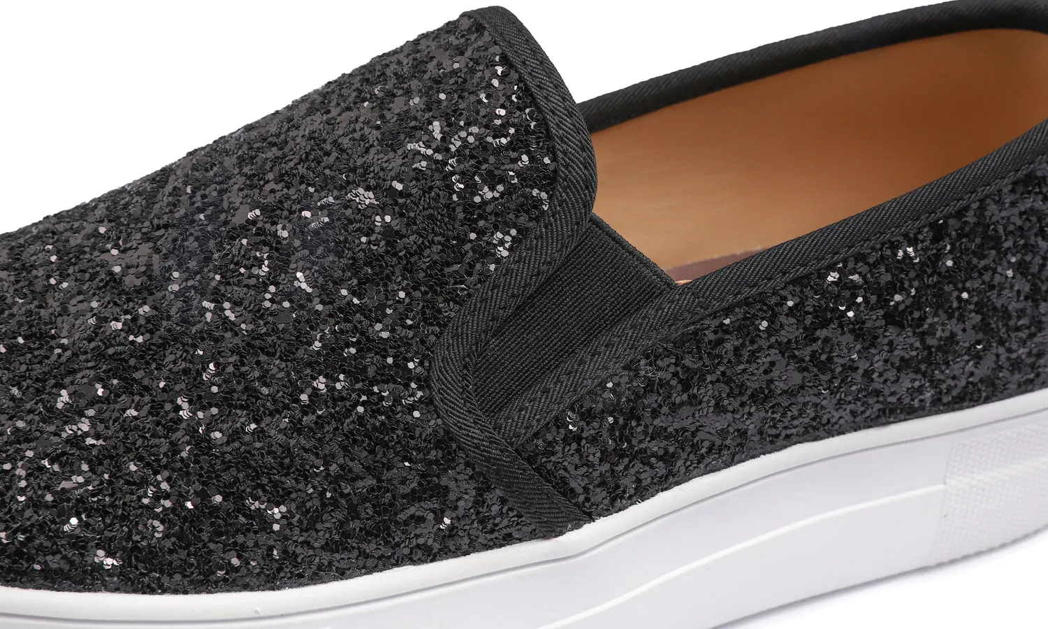 Feversole Women's Glitter Black Platform Slip On Sneaker Casual Flat Loafers