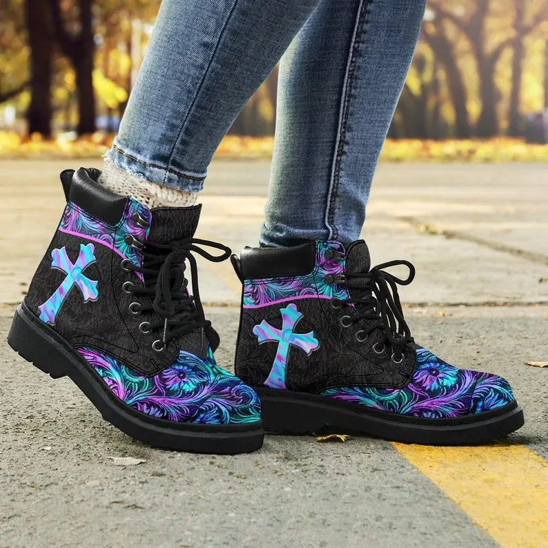 Jesus Pattern Flowers Cross Leather Boots - Christian Shoes For Men And Women