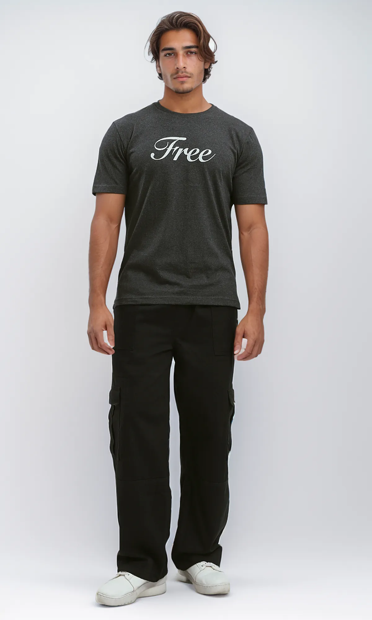 O182413 Printed "Free" Heather Dark Grey Short Sleeves Tee