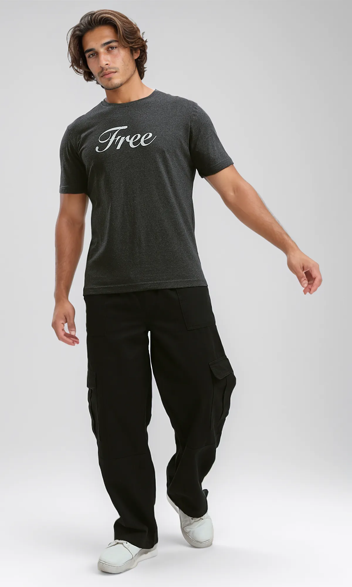 O182413 Printed "Free" Heather Dark Grey Short Sleeves Tee