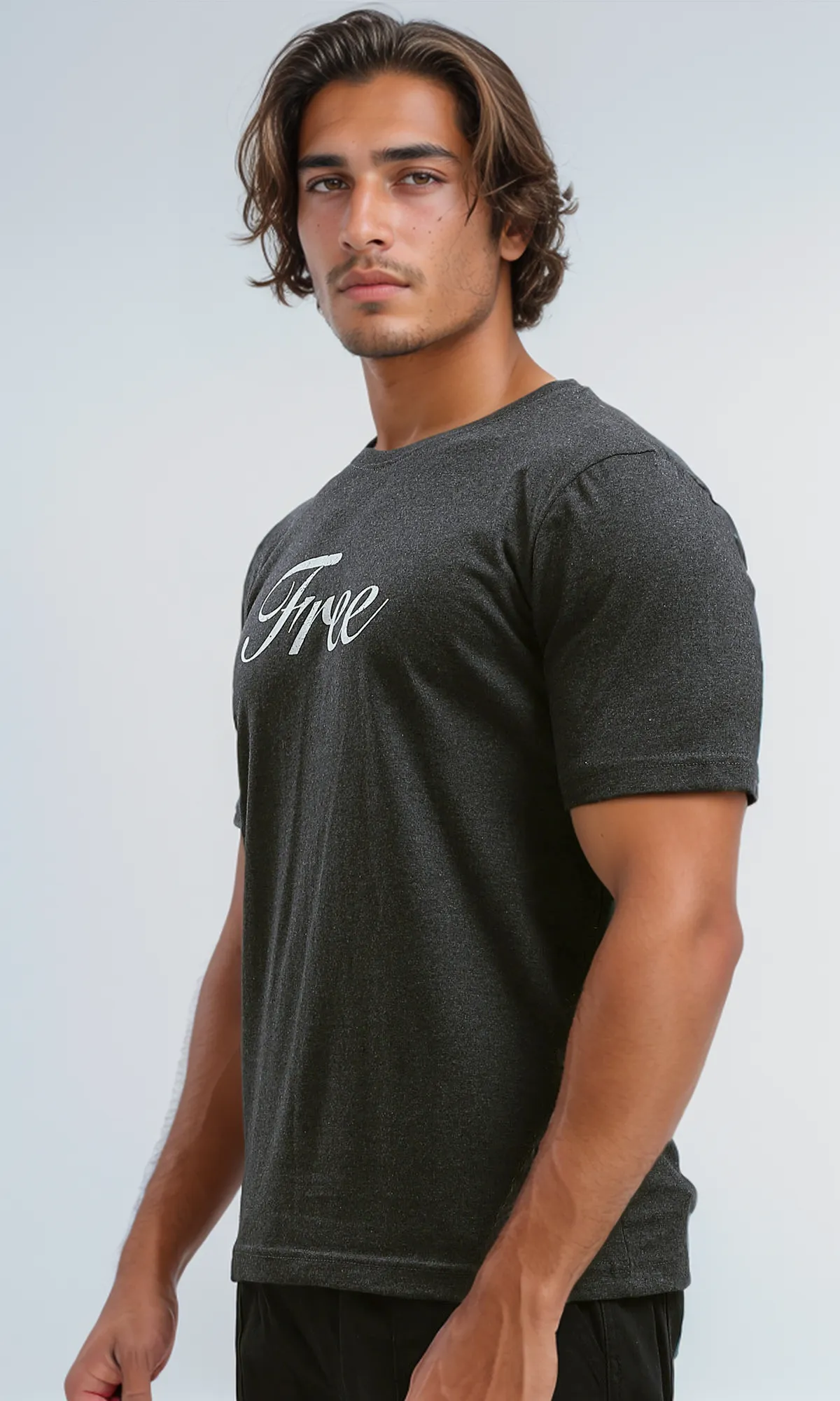 O182413 Printed "Free" Heather Dark Grey Short Sleeves Tee