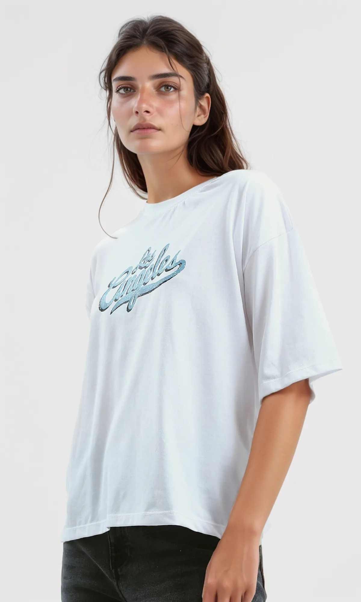 O190927 Relaxed Fit White Long Tee With Elbow-Sleeves