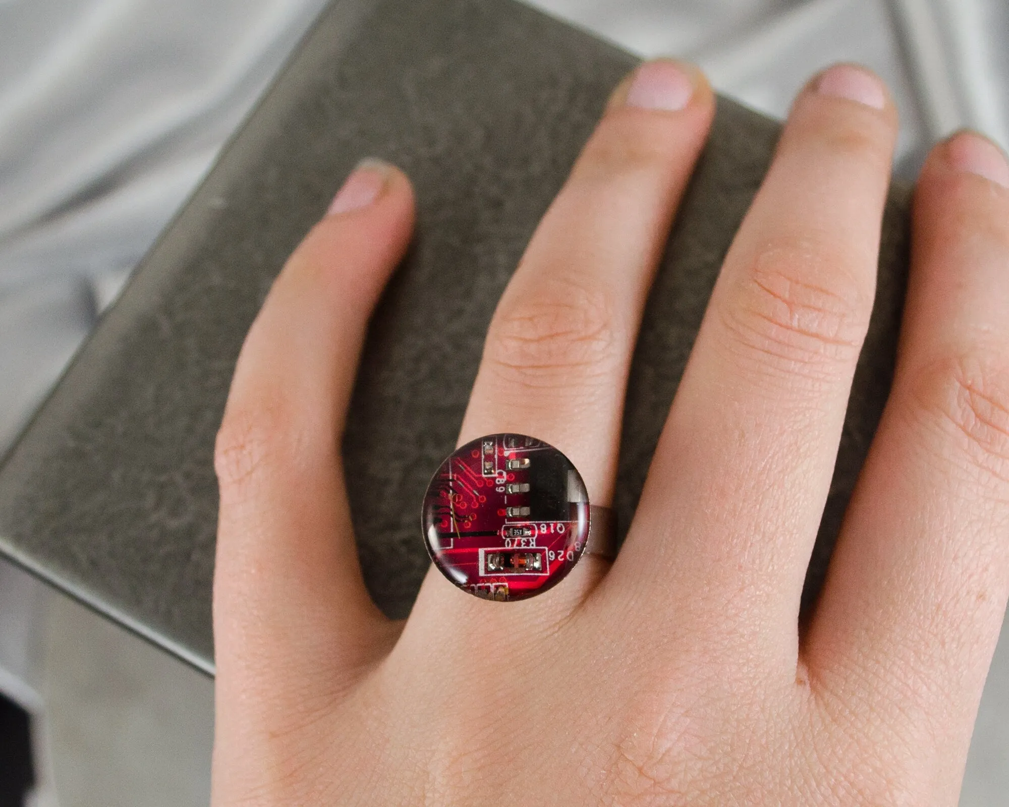 Recycled Circuit Board Adjustable Ring Red, Computer Jewelry, Upcycled Motherboard Ring, Computer Engineer Gift, Software Engineer Jewelry