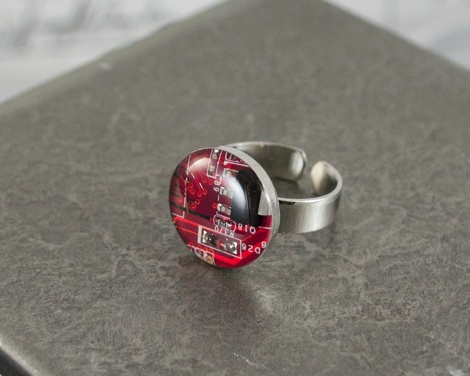 Recycled Circuit Board Adjustable Ring Red, Computer Jewelry, Upcycled Motherboard Ring, Computer Engineer Gift, Software Engineer Jewelry