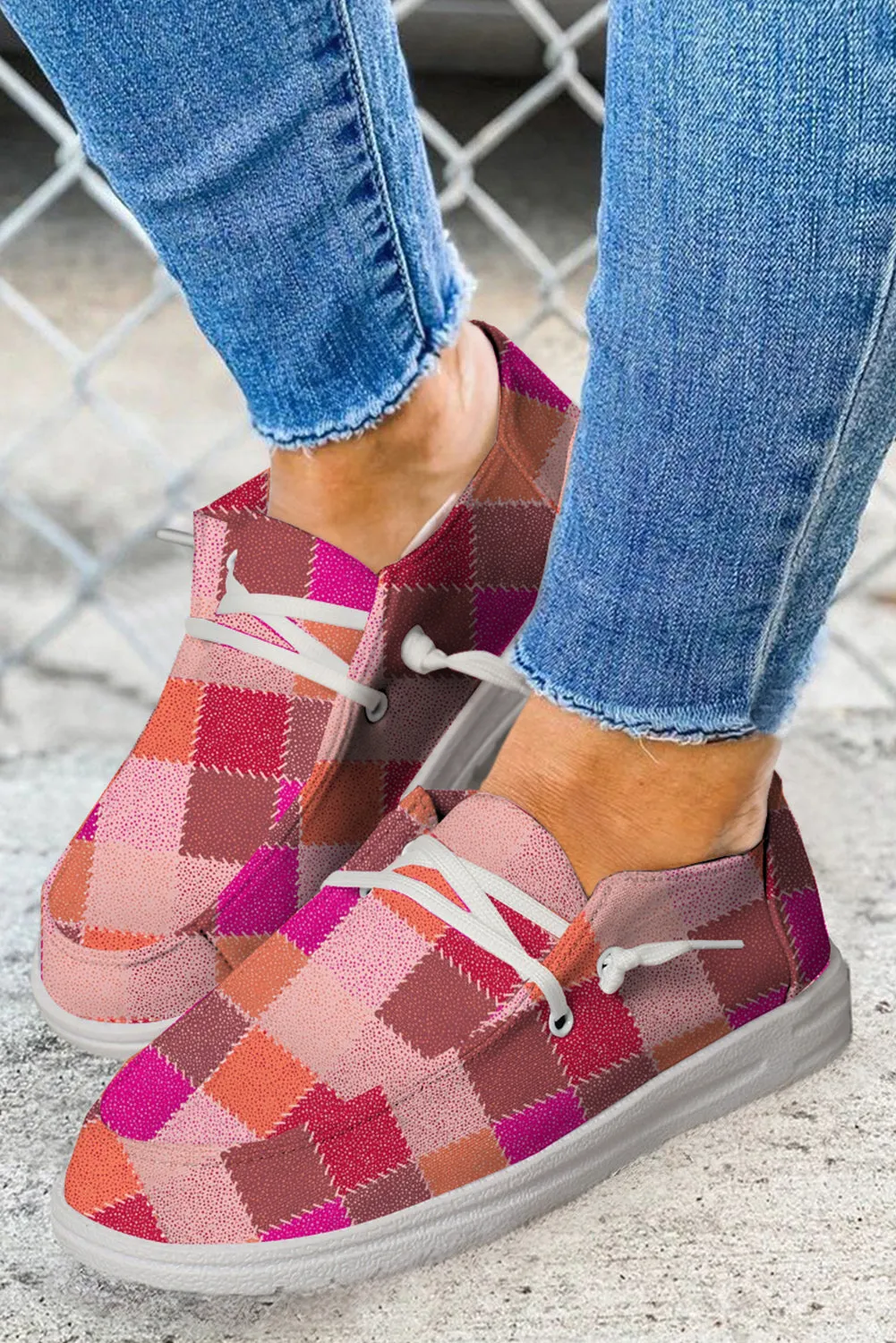 Red Plaid Print Criss Cross Slip On Canvas Shoes