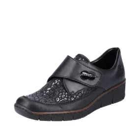 Rieker 537C0-00 Ladies Black Leather & Textile Touch Fastening Shoes