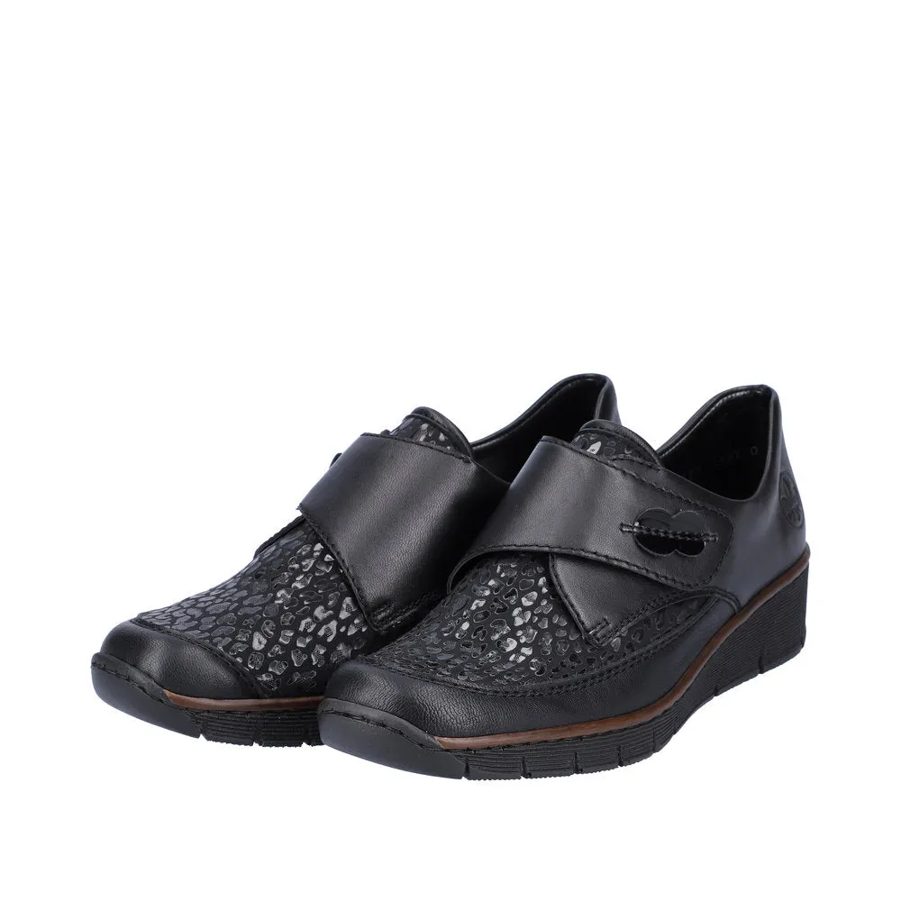 Rieker 537C0-00 Ladies Black Leather & Textile Touch Fastening Shoes