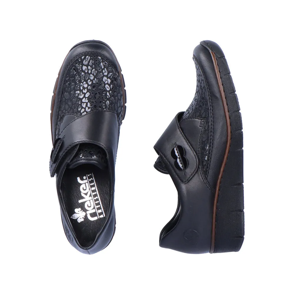 Rieker 537C0-00 Ladies Black Leather & Textile Touch Fastening Shoes