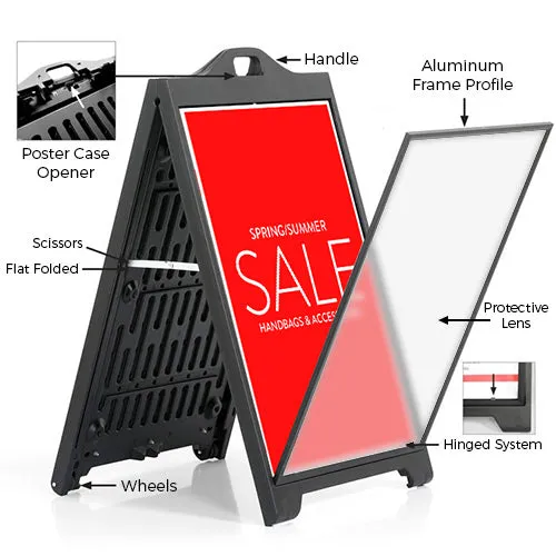 The Boss 24x36 A-Frame Plastic Sign Boards with Protective Lens - BLACK, with Hinged Aluminum Framing