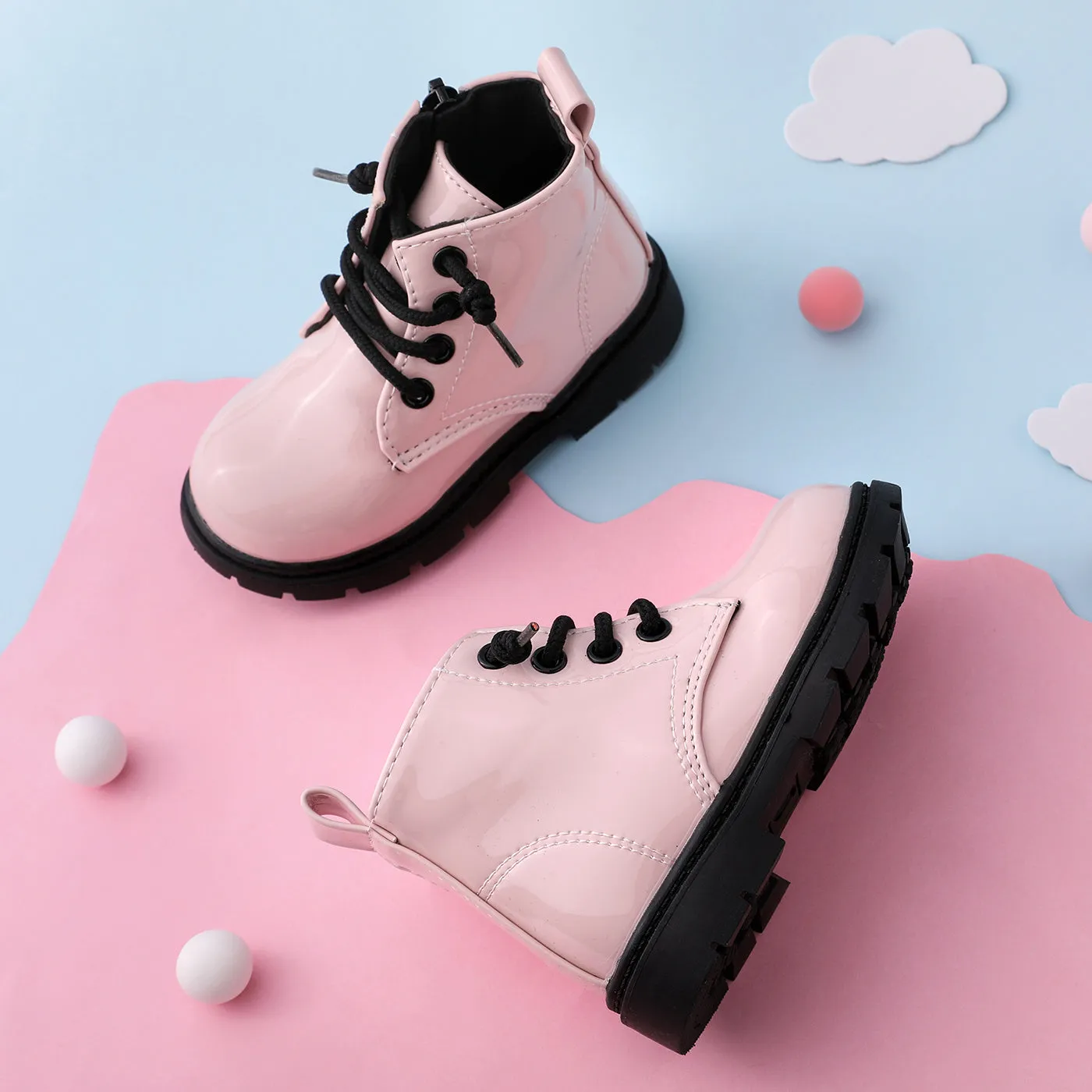 Toddler / Kid Side Zipper Lace Up Front Pink Boots(2 versions shipped randomly)