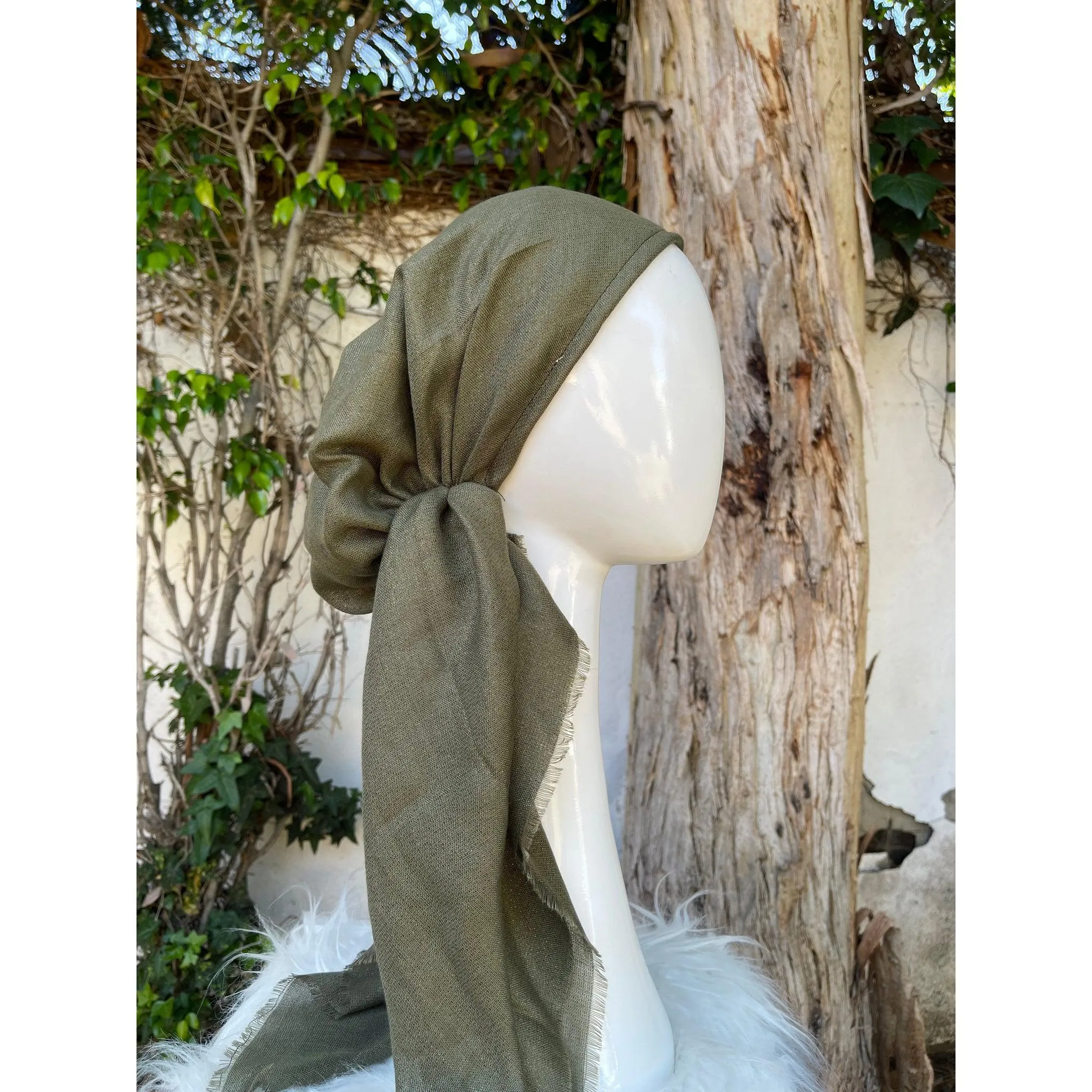 Turkish Cotton Metallic Solid Pretied w/ Long Tails - Olive, XL Circumference