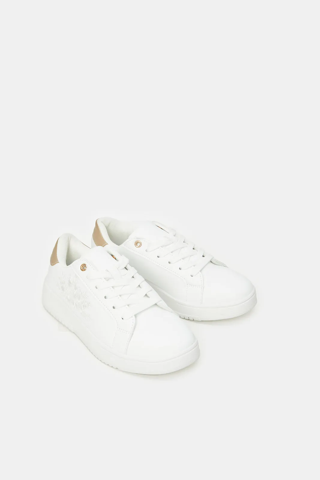 Women White Embroidered Lace Up Sneaker